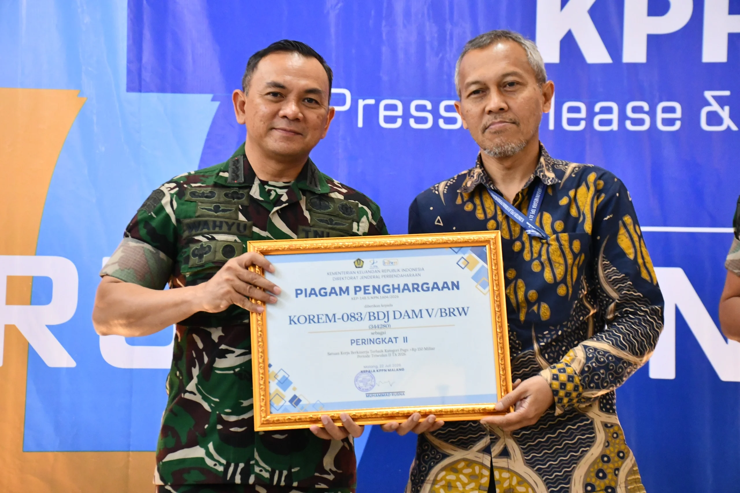 Korem 083/Bdj Sabet Penghargaan Satker Berkinerja Terbaik Tata Kelola Anggaran Triwulan II 2026