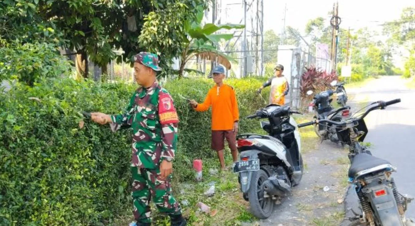 Jaga Jalan Tetap Asri, Babinsa Yosowilangun Kidul Bersama Warga Kerja Bakti Rawat Paraling