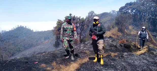 Bersama Stakeholder, Babinsa Argosari Monitoring Wilayah Pasca Karhutlah