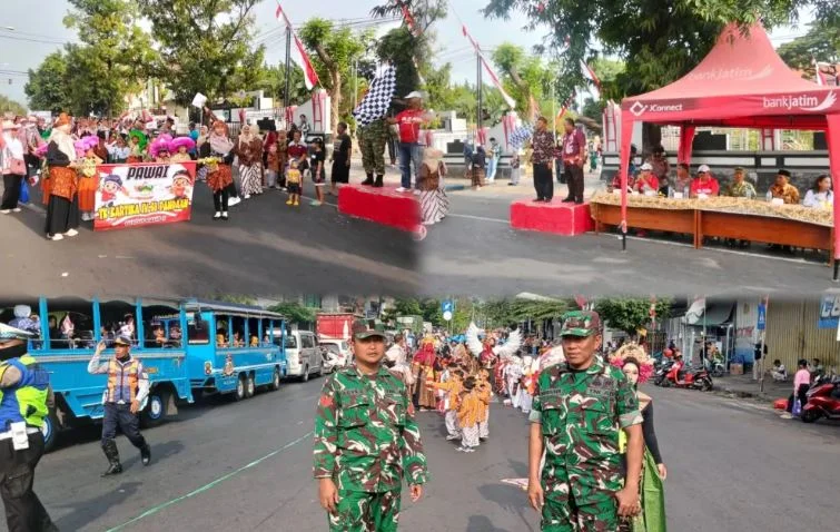 Semarak HUT RI ke-81, Danramil Pandaan Hadiri Karnaval TK, Babinsa Turut Amankan Jalannya Acara